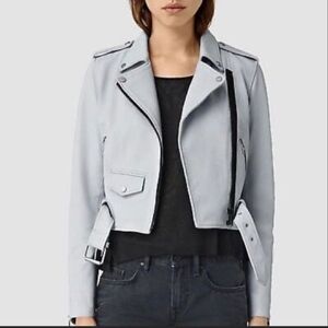 Allsaints baron lamb leather jacket light blue moto zip US 6 ret $435